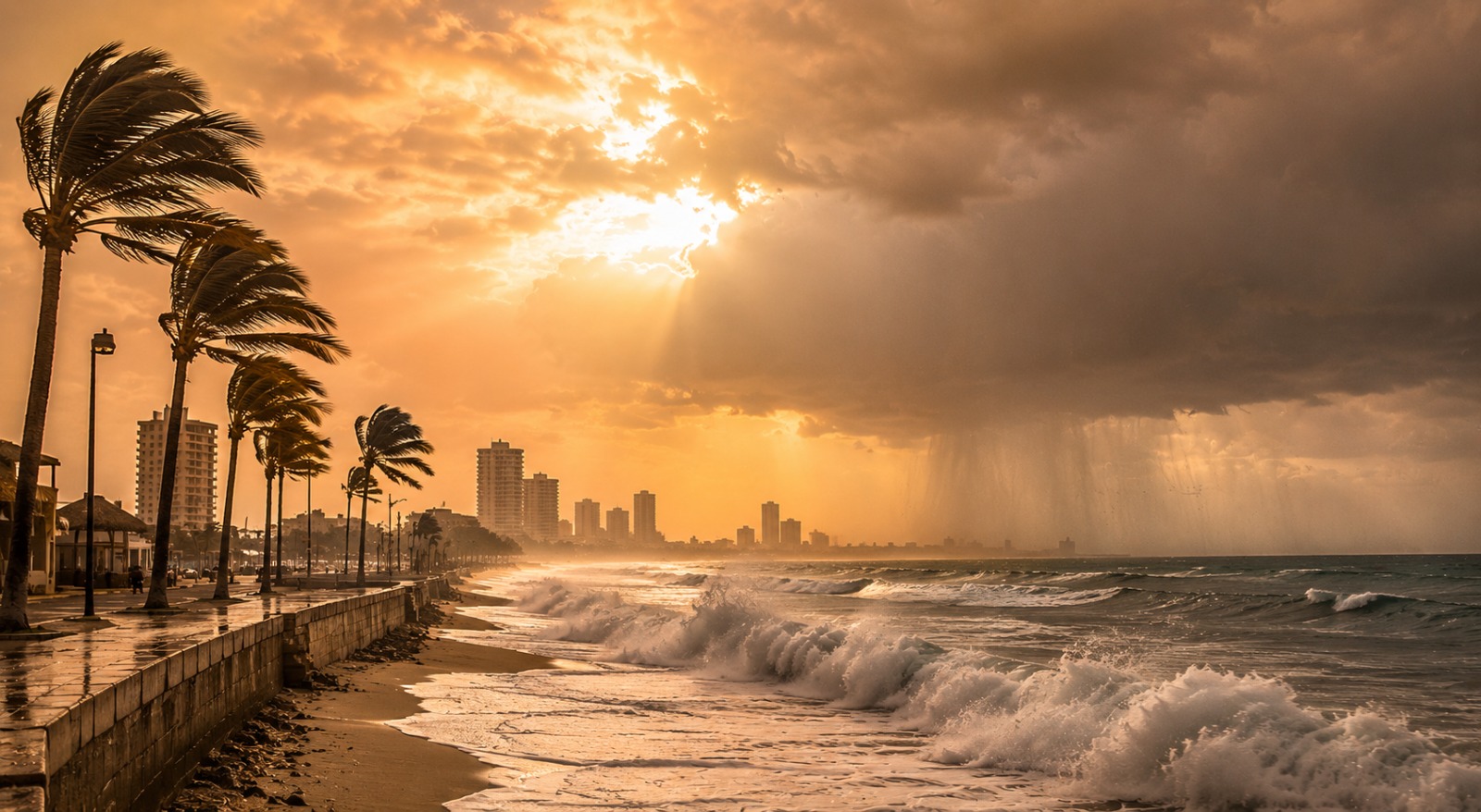 Puerto de Mazatlán con el mar picado, lluvia, sol y palmeras
