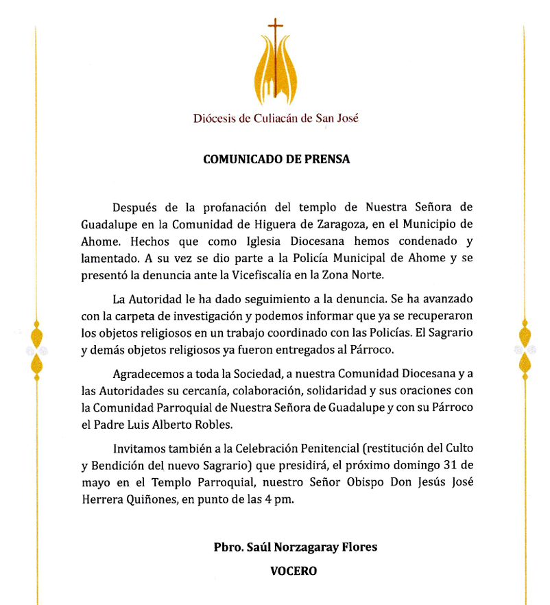 Comunicado de la Diócesis de Culiacán
