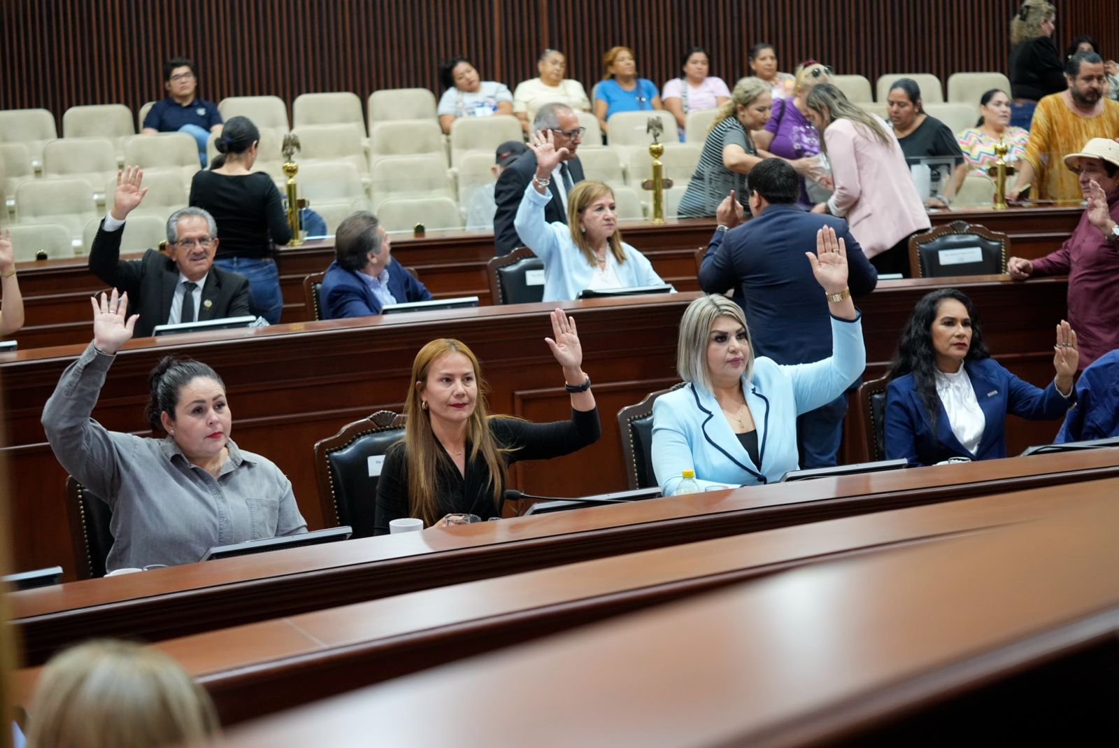 Personas en congreso levantando la mano