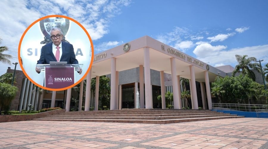 Edificio y fachada del Congreso de Sinaloa con un circulo de Rubén Rocha Moya