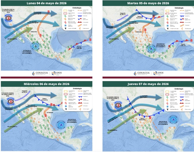 Mapas de México con flechas, líneas e íconos de viento indicando la probabilidad de tormentas en el país