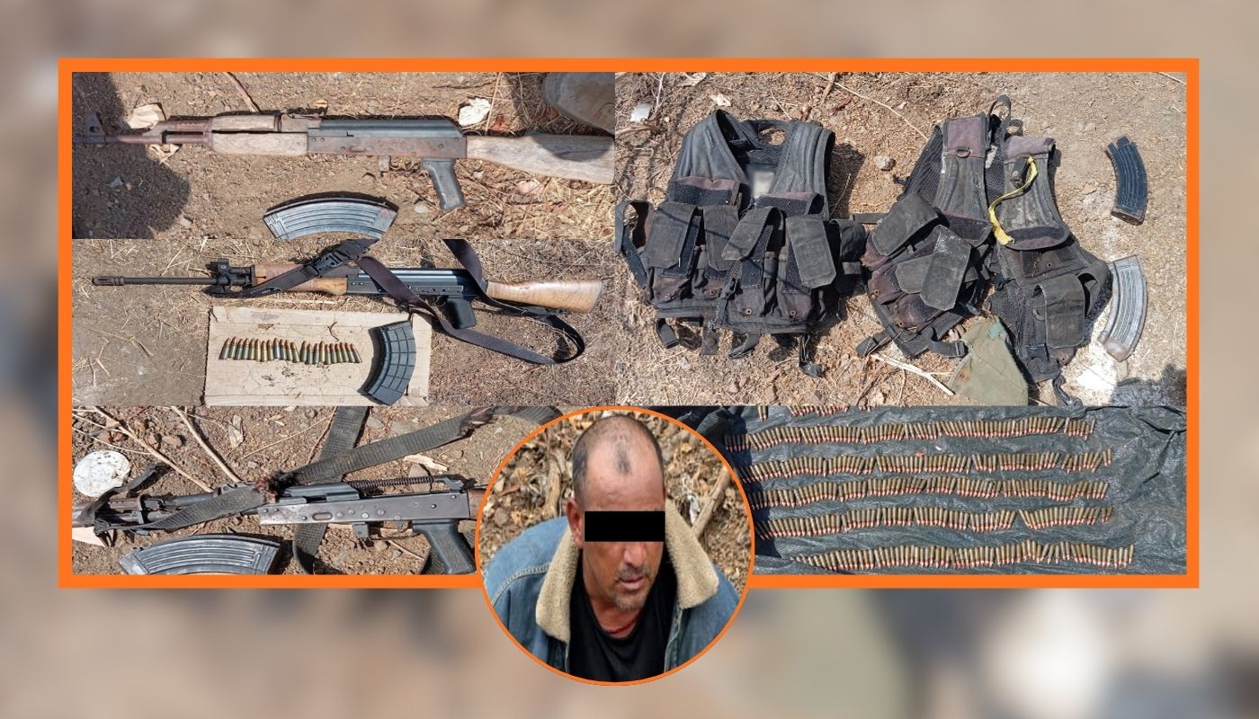 Armas y artefactos confiscados y en circulo civil detenido con los ojos tapados