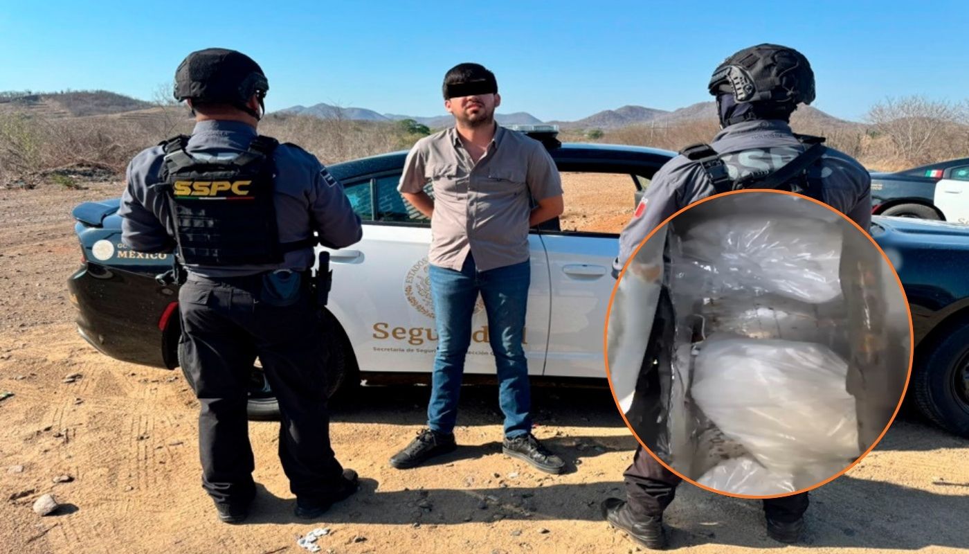 Persona detenida en medio y elementos de seguridad a las orillas de espaldas, en circulo bolsas con contenido color blanco