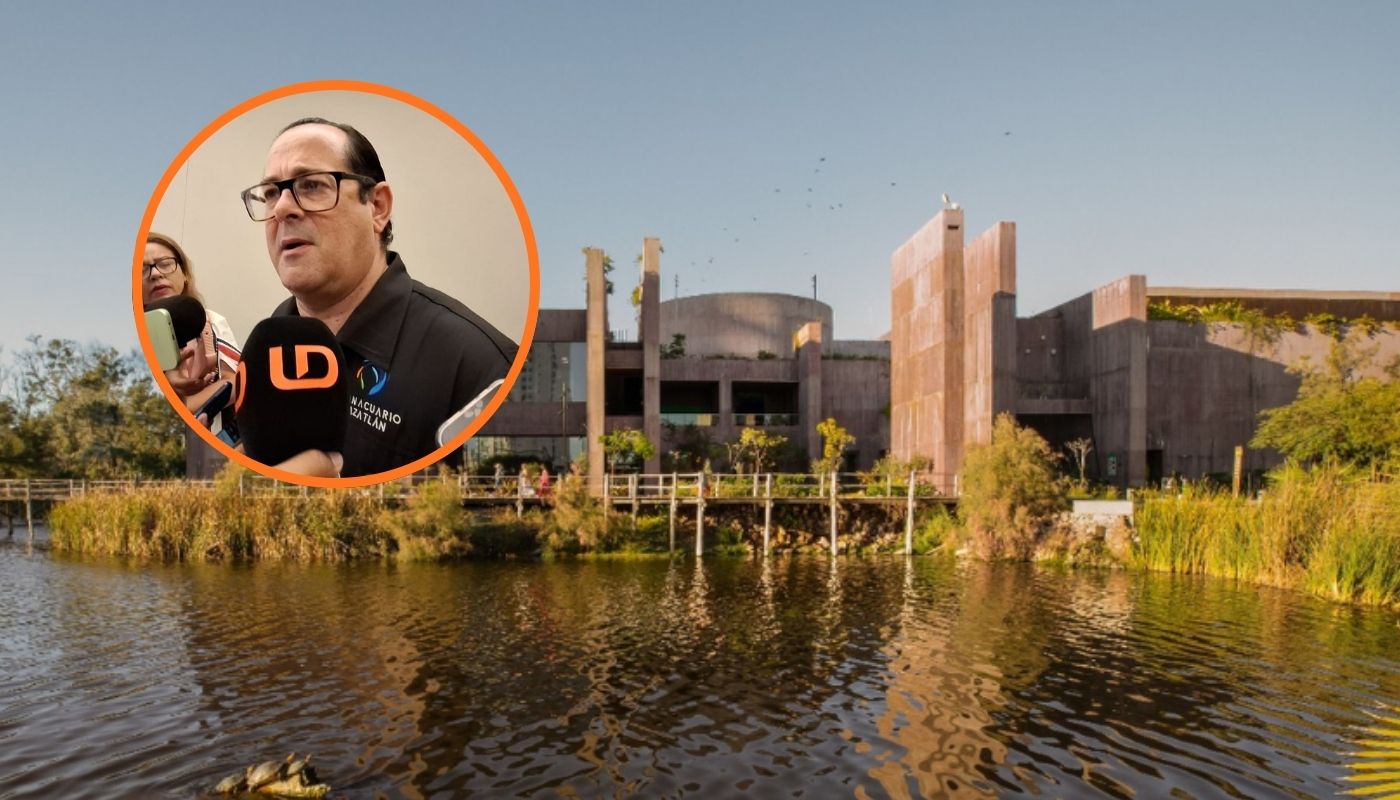 Acuario de Mazatlán junto a un circulo con Rafael Lizárraga Favela