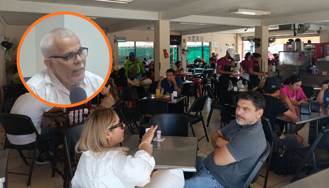 Restaurante con personas comiendo junto a un circulo con Mario Zazueta Félix