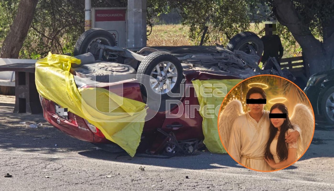 En grande auto volcado en carretera y en circulo dos personas con los ojos tapados
