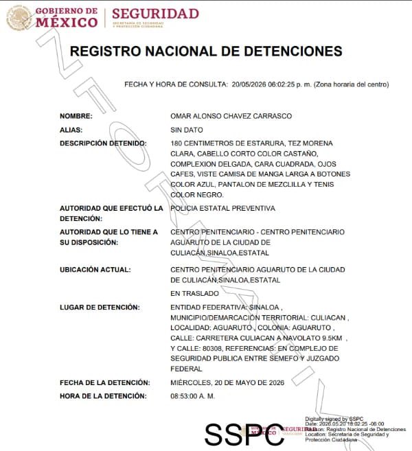 Ficha de detención de Omar Chávez