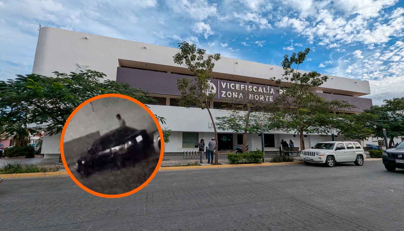 Fachada de la Vicefiscalía zona norte junto a un circulo con incendio