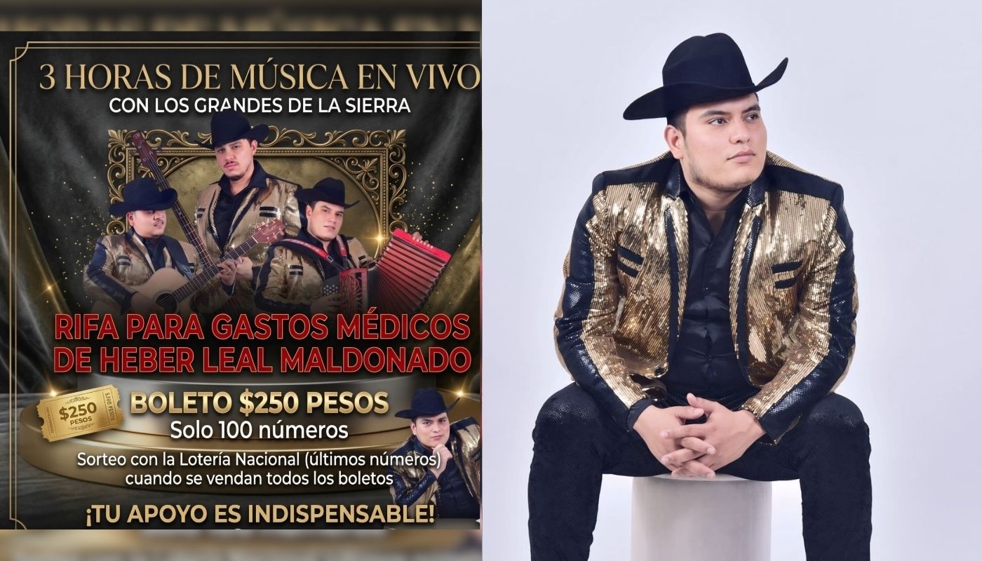 Integrante de grupo musical con sombrero junto a diseño de una rifa