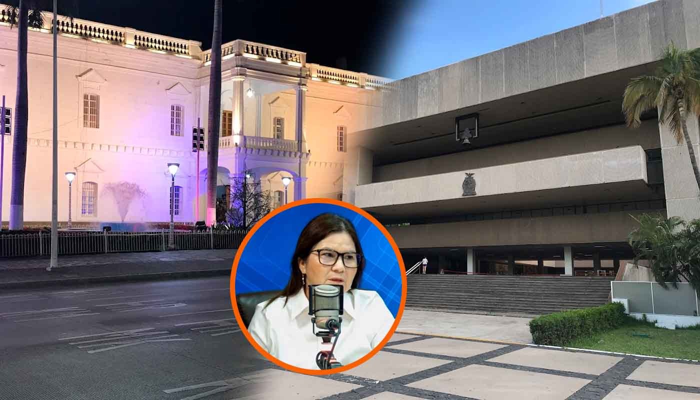 Imelda Castro en un circulo junto a el Ayuntamiento de Culiacán y el Palacio de Gobierno