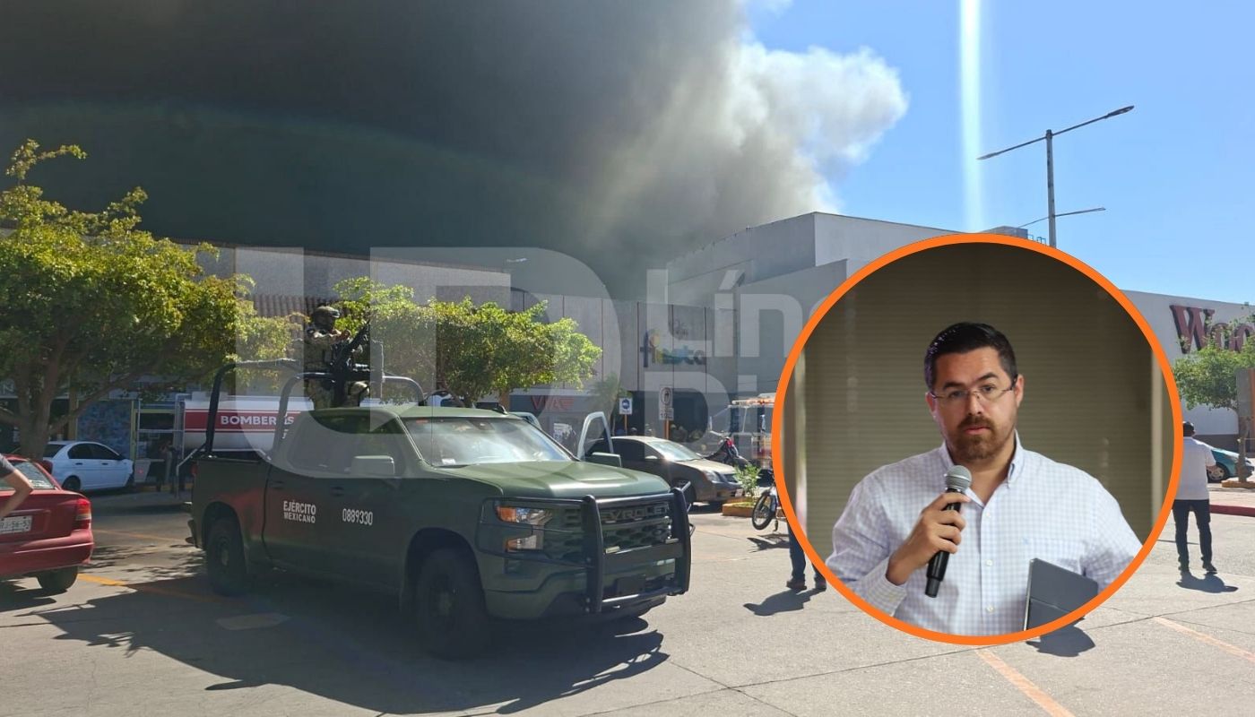 Incendio en una plaza comercial y en un círculo el secretario de salud, Cuitlahuac Galindo
