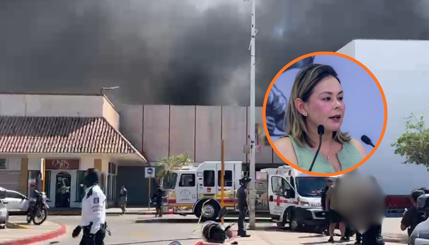 Incendio en plaza comercial con humo negro junto un circulo con Yeraldine Bonilla