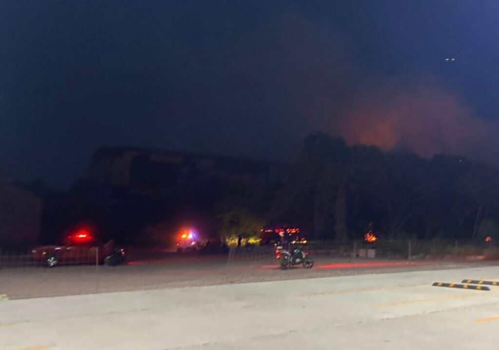 Patrullas de la policía con sirenas encendidas junto a un baldío con fuego