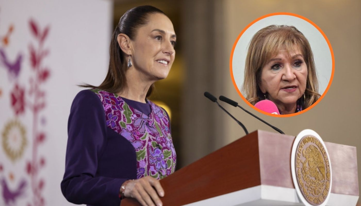 Claudia Sheinbaum con ropa morada junto a un circulo con Tere Guerra