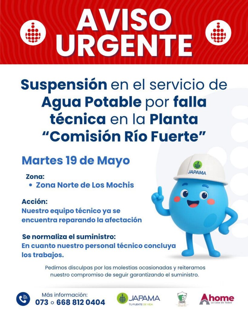 Flyer con información sobre la suspensión del servicio de agua potable en Los Mochis