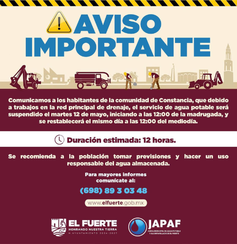 Aviso de la Japaf sobre la suspensión del servicio de agua potable