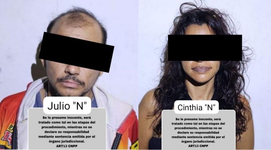Dos personas con el rostro cubierto y dos cuadros de texto con información