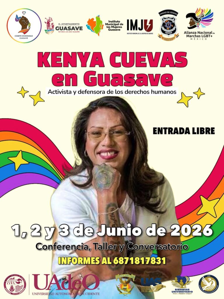 Flyer de un evento de la comunidad LGBT, con la activista Kenia Cuevas