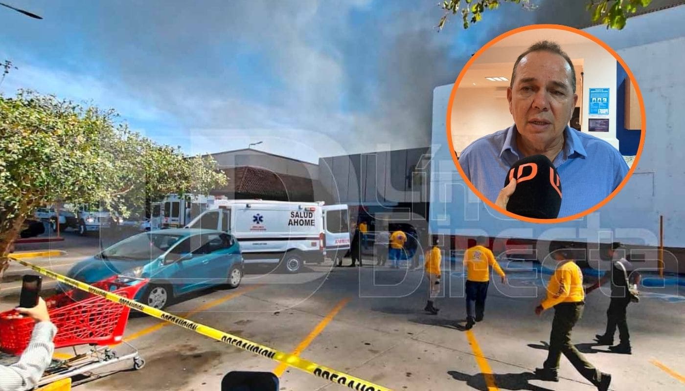 Plaza comercial con humo negro junto a un circulo de Héctor Hallal Zepeda