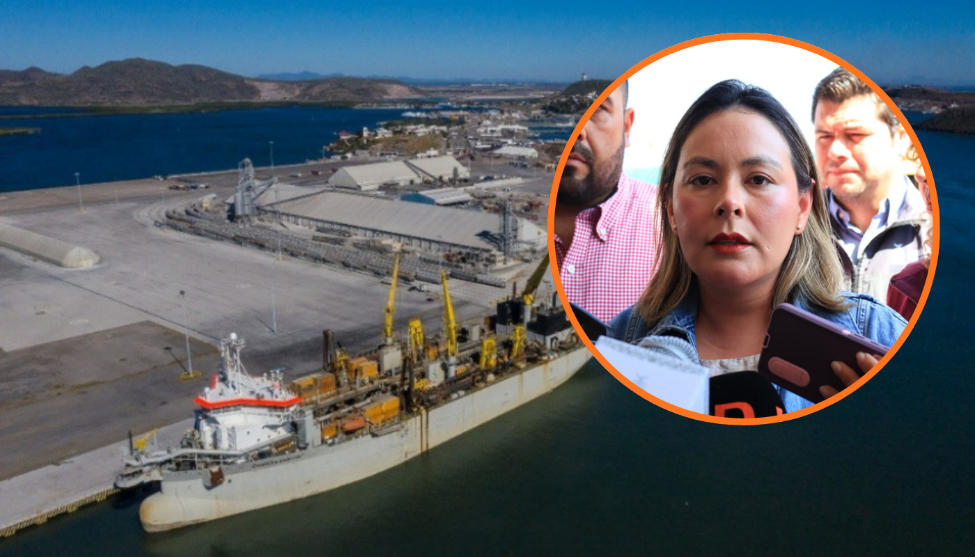 Puerto de Topolobampo y en un círculo Yeraldine Bonilla, gobernadora de Sinaloa