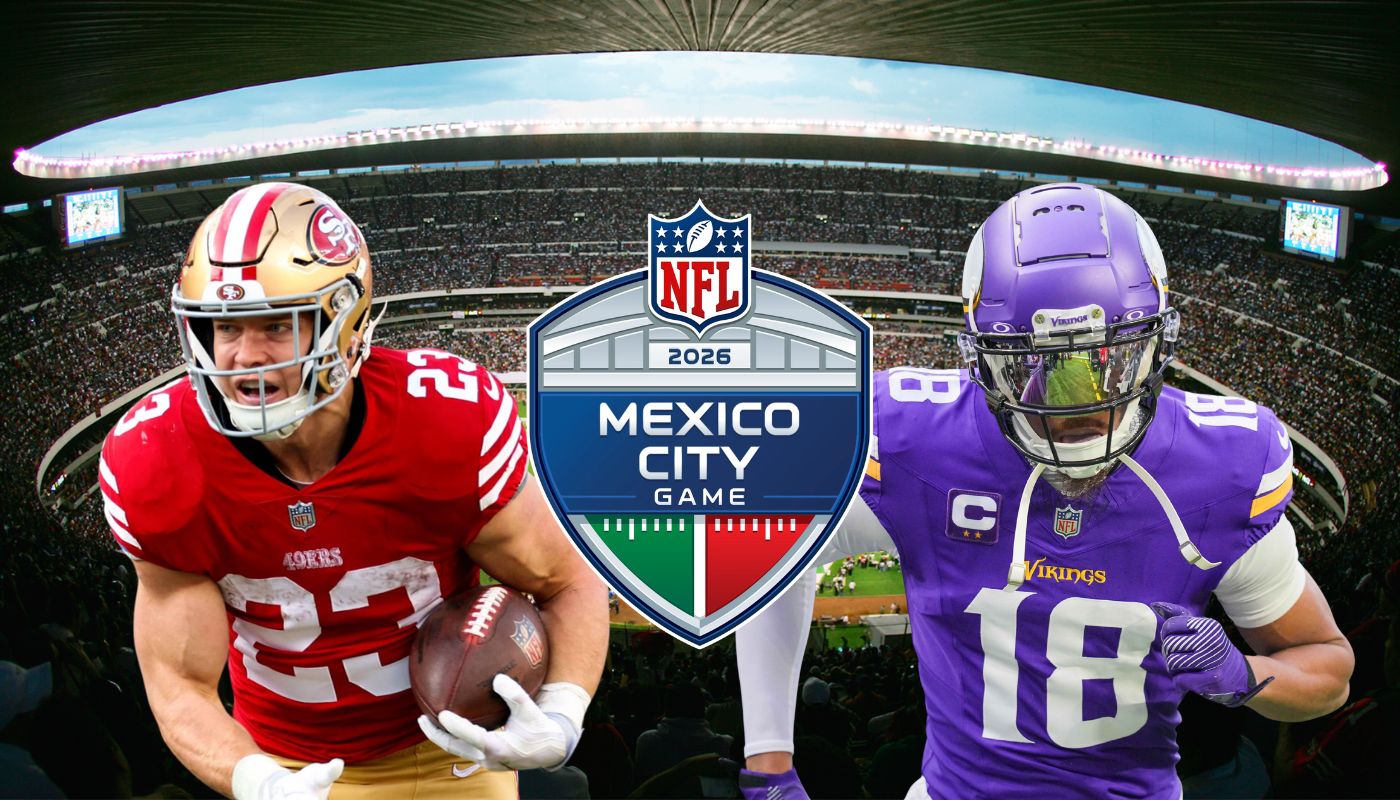 A los costados jugadores de futbol americano, en medio logo oficial de NFL México y detrás estadio Banorte