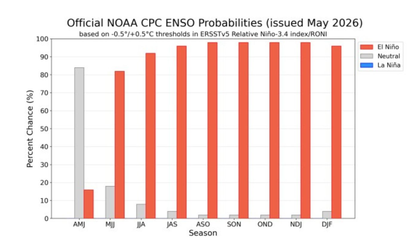 Gráfica de barras indicando Probabilidades oficiales de ENSO para el índice de temperatura relativa de la superficie del mar en la región Niño 3.4