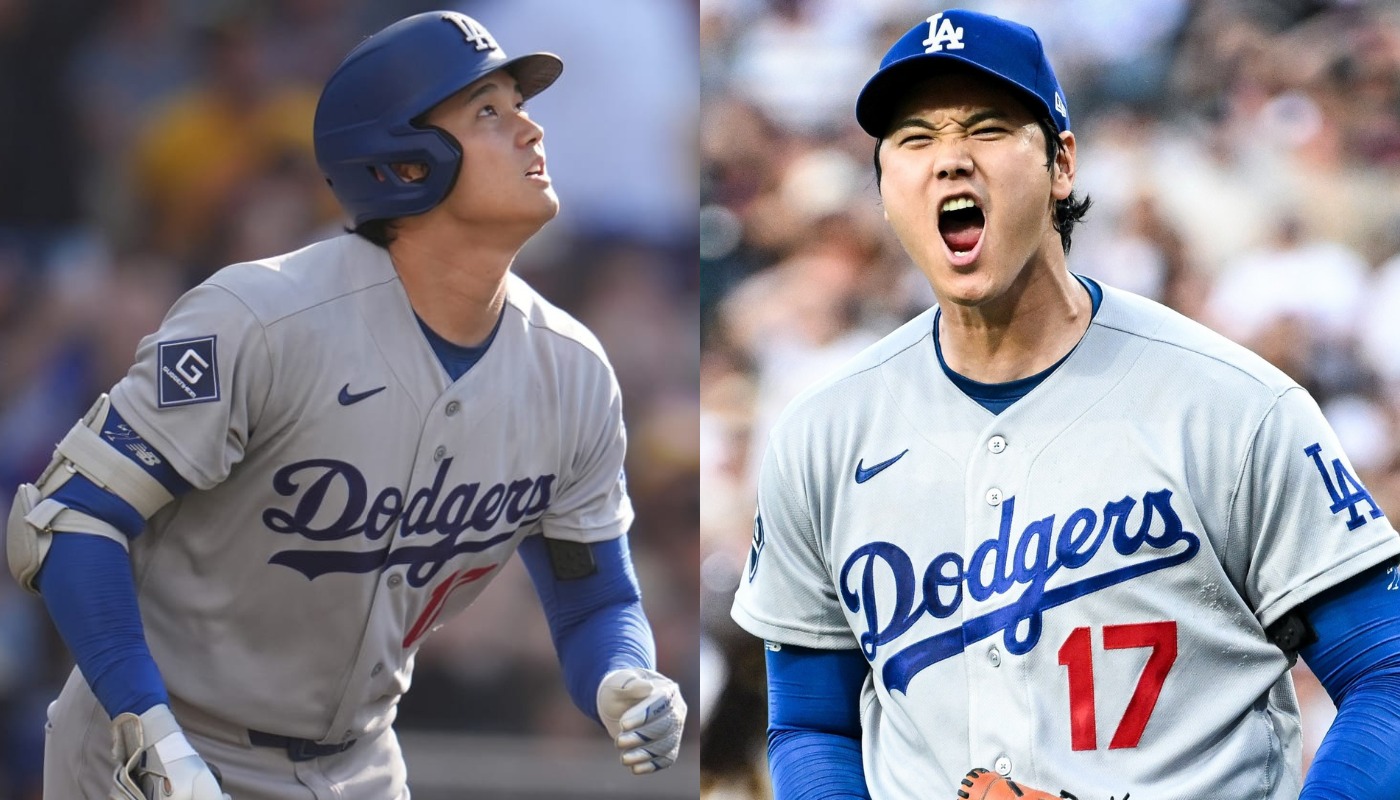 Shohei Ohtani bateando y gritando