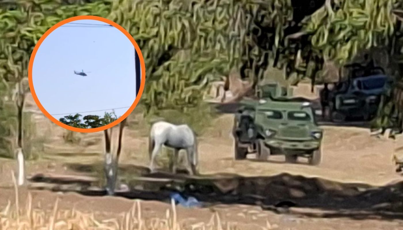 Camioneta del ejército mexicano junto a un circulo con un helicóptero