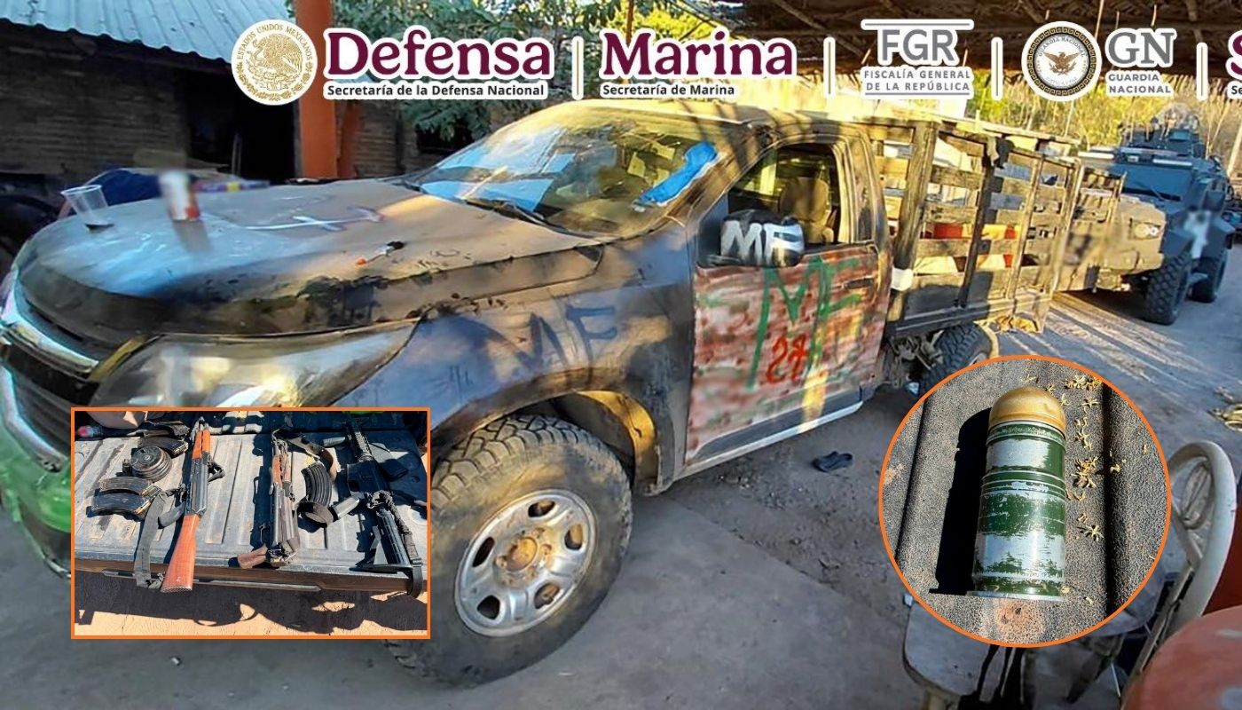En grande camioneta vandalizada y en círculos artefactos confiscados