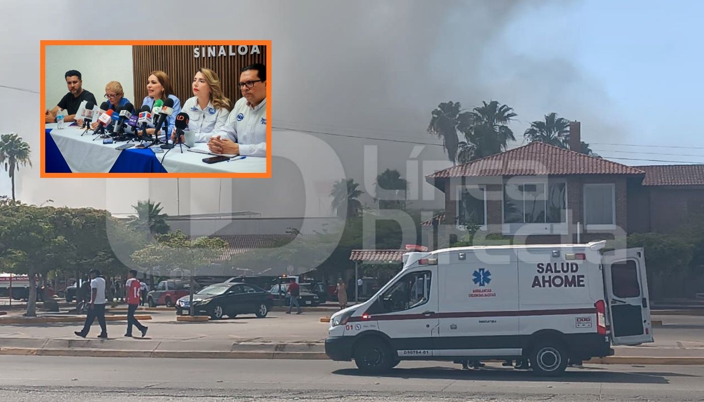 Incendio en la plaza Las Palmas y en un recuadro, diputados del PAN