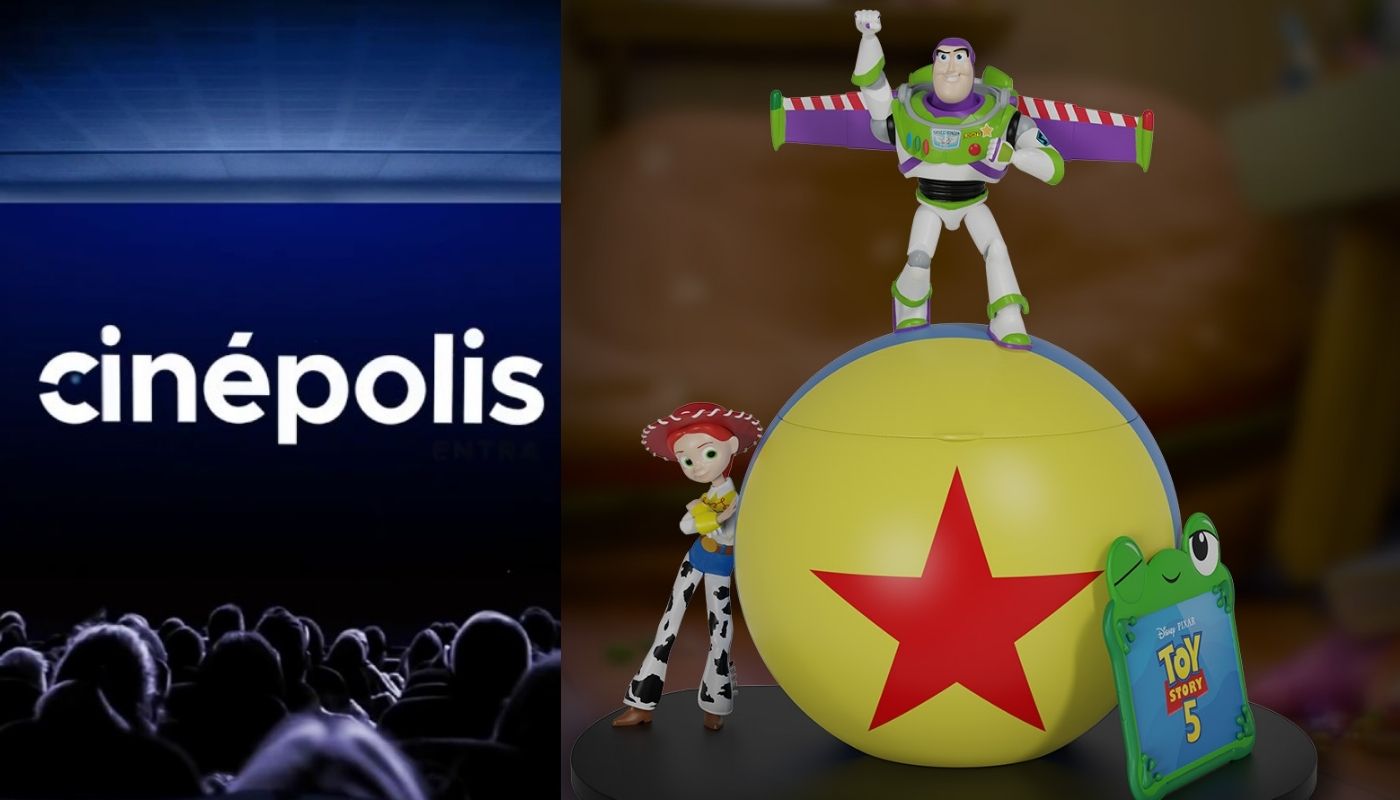 Logo de Cinépolis junto a la palomera de Toy Story 5 con Buzz Lightyear