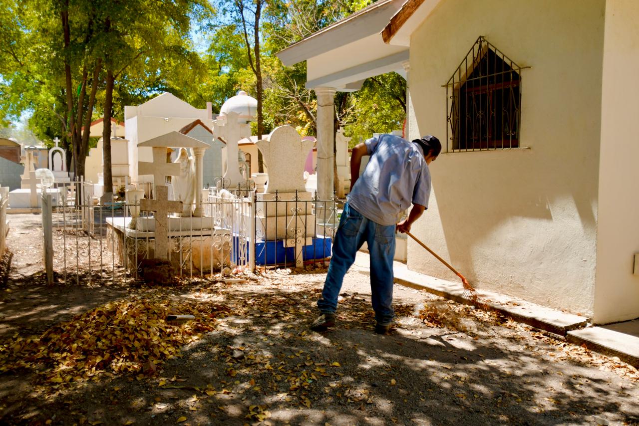 Persona barriendo en un espacio de arboles en panteones de Salvador Alvarado