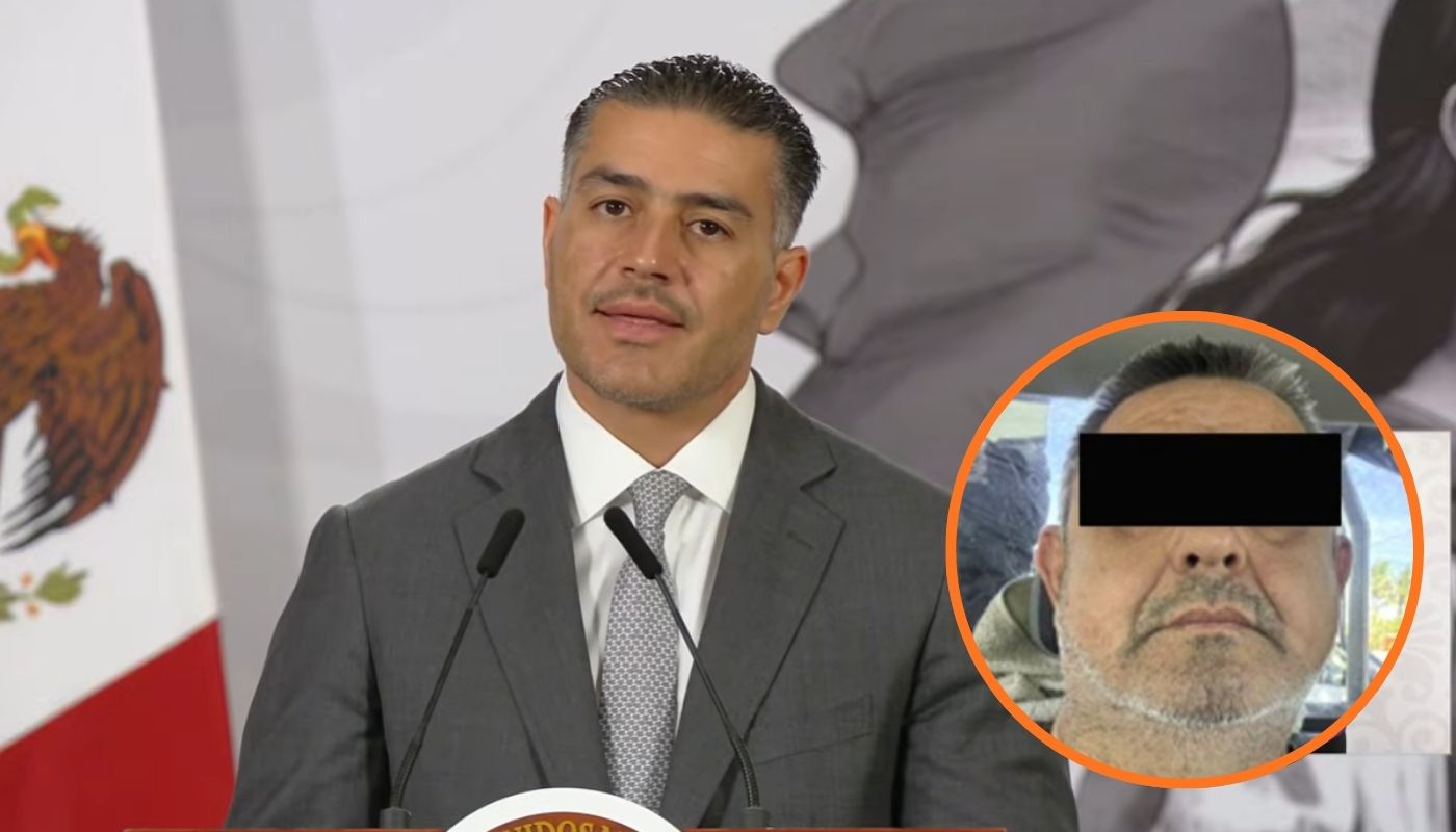 Omar García Harfuch y en uncírculo una persona con el rostro cubierto