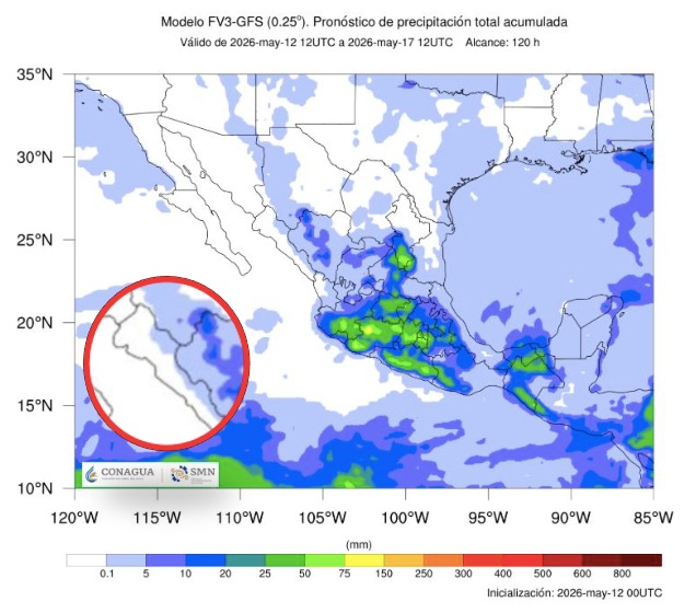 Imagen satelital de México que representa lluvias con colores verdes y azules que indica pronóstico de precipitaciones