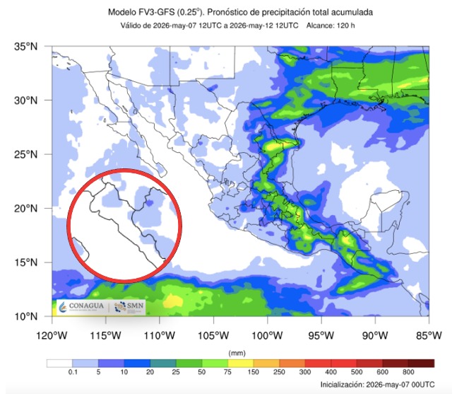 Imagen satelital de México que representa lluvias con colores verdes y azules que indica pronóstico bajo de precipitaciones