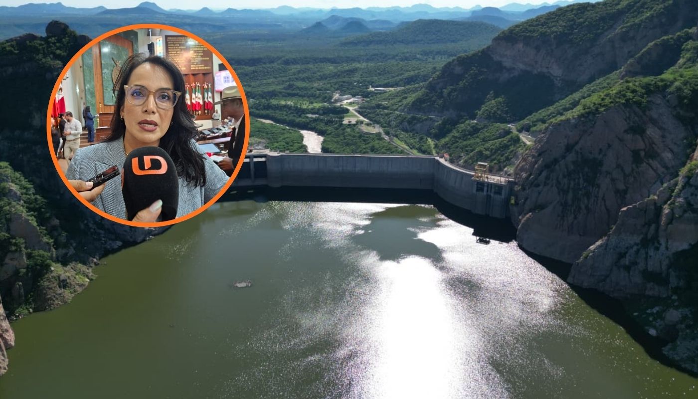 Presa con agua en compuertas junto a un circulo con Irma Moreno Ovalles