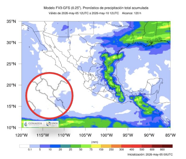 Imagen satelital de México que representa lluvias con colores verdes y azules que indica pronóstico bajo de precipitaciones
