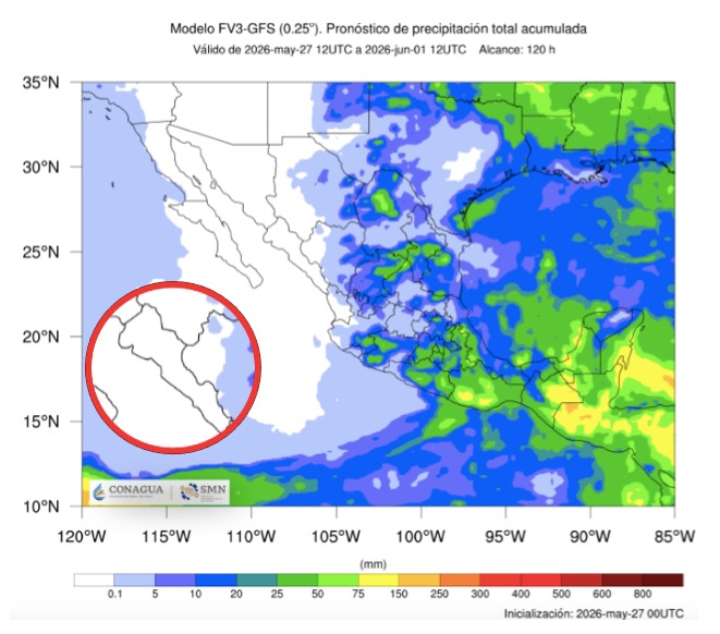 Imagen satelital de México que representa lluvias con colores verdes y azules que indica pronóstico de precipitaciones