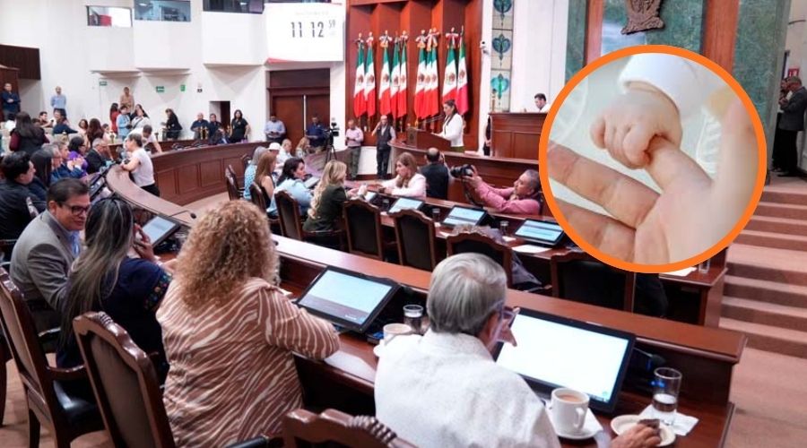 Diputados en el congreso de Sinaloa junto a un circulo con una mano de un bebé