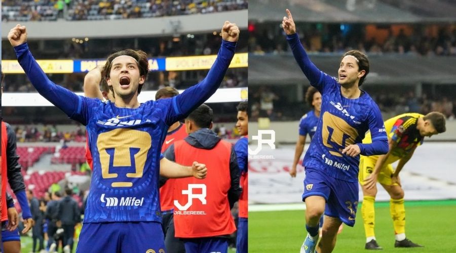 Jordan Carrillo con un jersey de los Pumas celebrando
