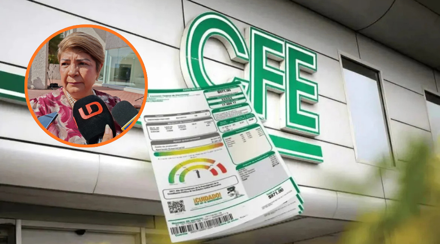Recibo de luz y logo de la CFE y en un circulo la alcaldesa de Guasave, Cecilia Ramírez
