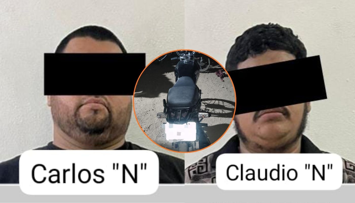 En grande dos hombres con los ojos tapados y en circulo una motocicleta