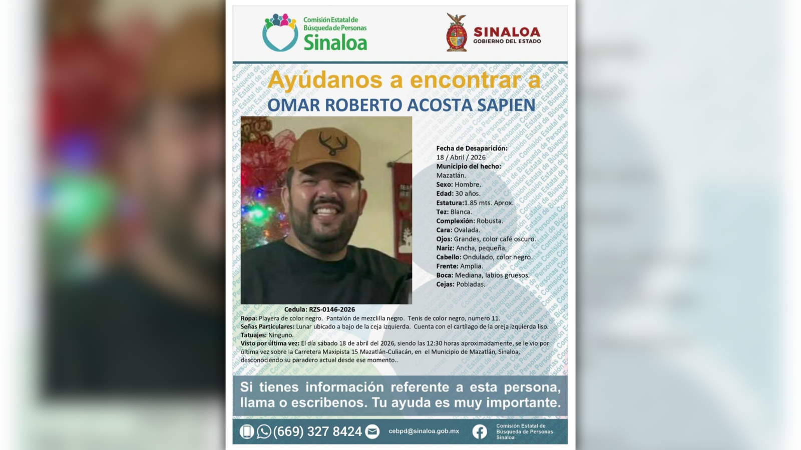Continúa la búsqueda de Omar Roberto a 26 días de su privación de la libertad