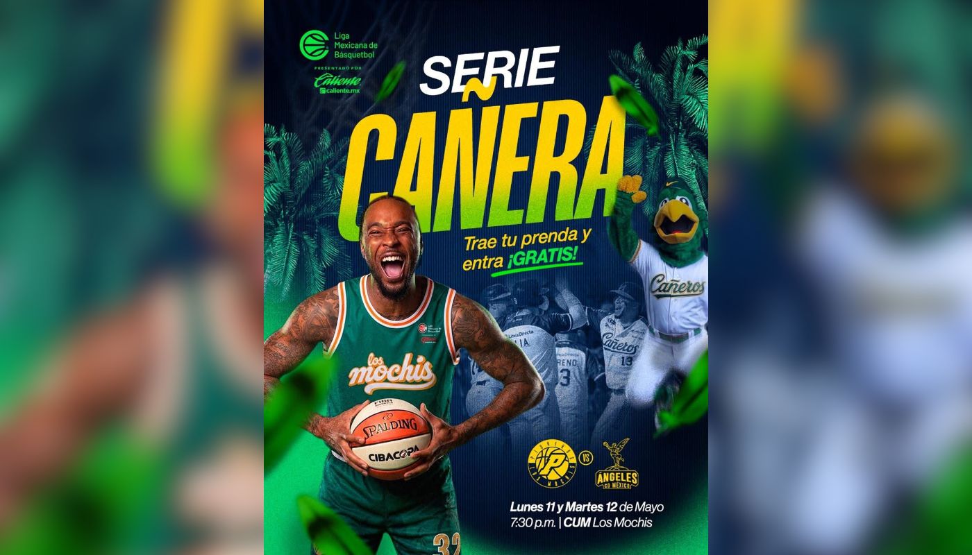 Banner promocional de un partido de basquetbol, donde se ve a un jugador sosteniendo el balón y gritando detrás un equipo de beisbol festejando