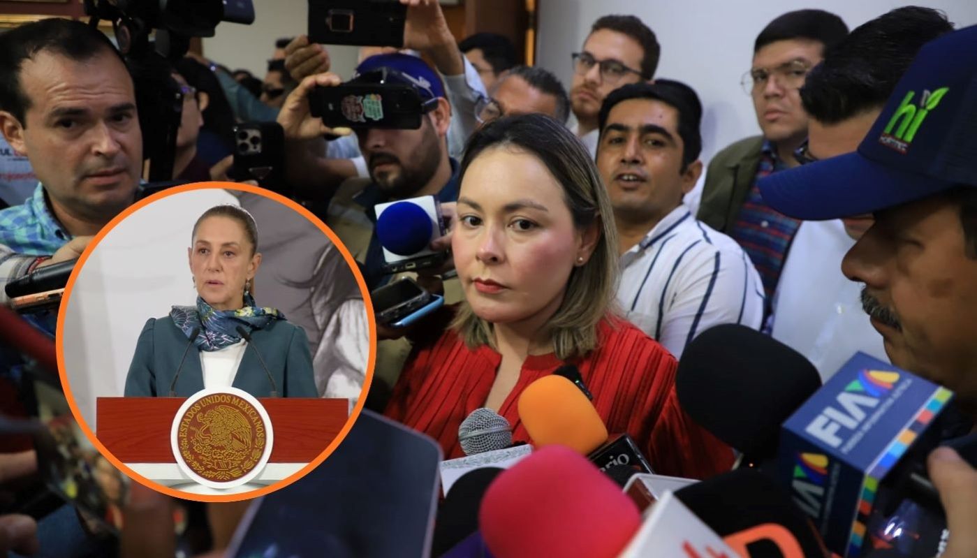La gobernadora interina de Sinaloa, Yeraldine Bonilla y en un círculo la presidenta de México Claudia Sheinbaum