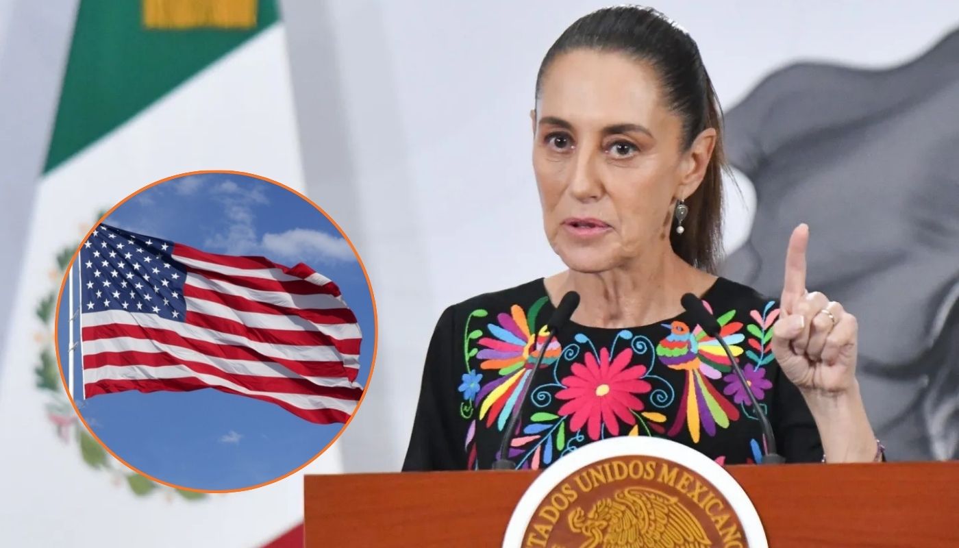 En grande Claudia Sheinbaum con el dedo levantado, hablando en conferencia y en circulo bandera de estados unidos oleando