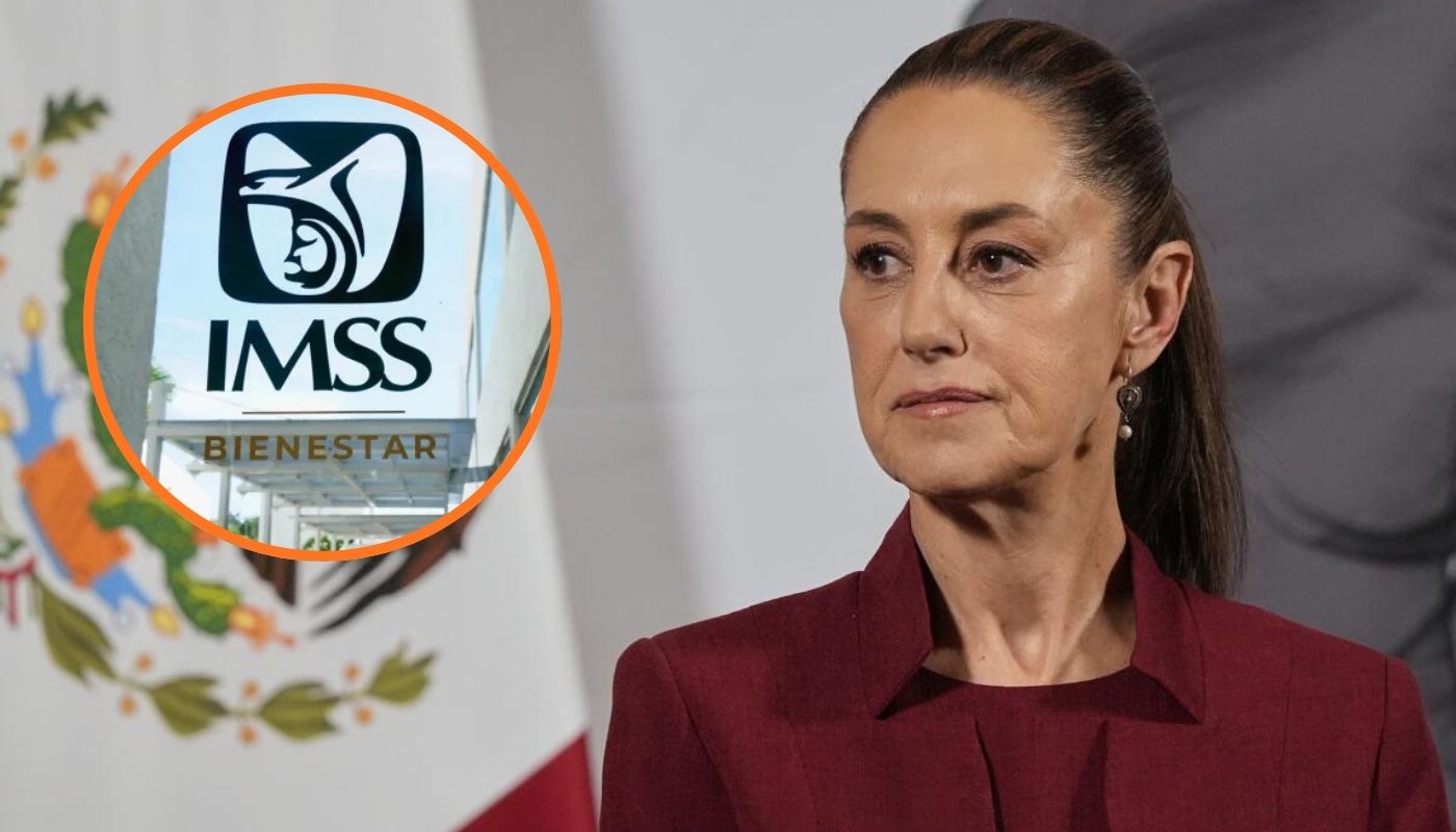 Claudia Sheinbaum, presidenta de México y en un círculo el logo del IMSS
