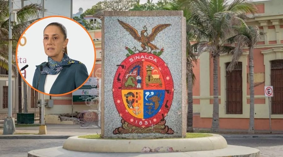 En grande escudo del estado de Sinaloa y en circulo Sheinbaum