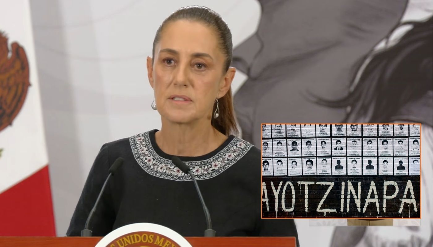 Claudia Sheinbaum, presidenta de México, durante la mañanera del pueblo y en un recuadro una foto temátic del caso Ayotzinapa en una pared con fichas de búsqueda