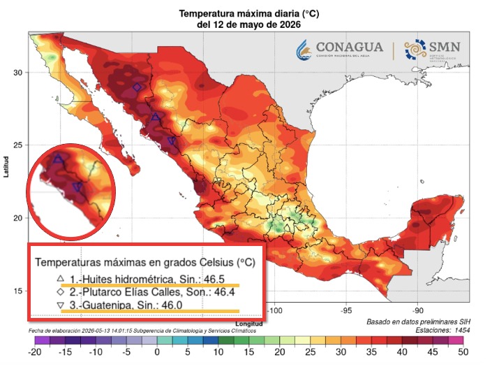 Mapa de México con colores rojo, naranja, amarillo y verde, indicando las temperaturas máximas registradas el 12 de mayo de 2026